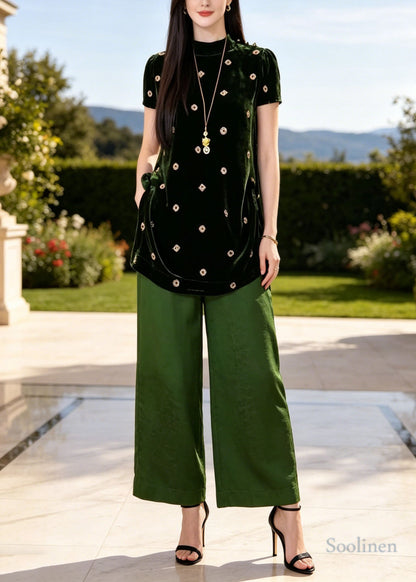Classy Green Stand Collar Print Silk Two Piece Set Clothing Summer