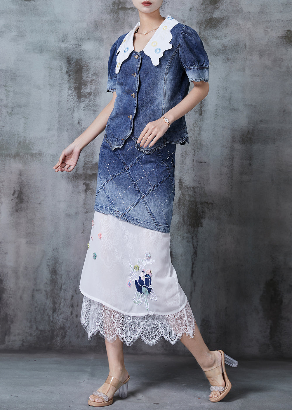 Handmade Blue Silm Fit Patchwork Denim Two Pieces Set Fall