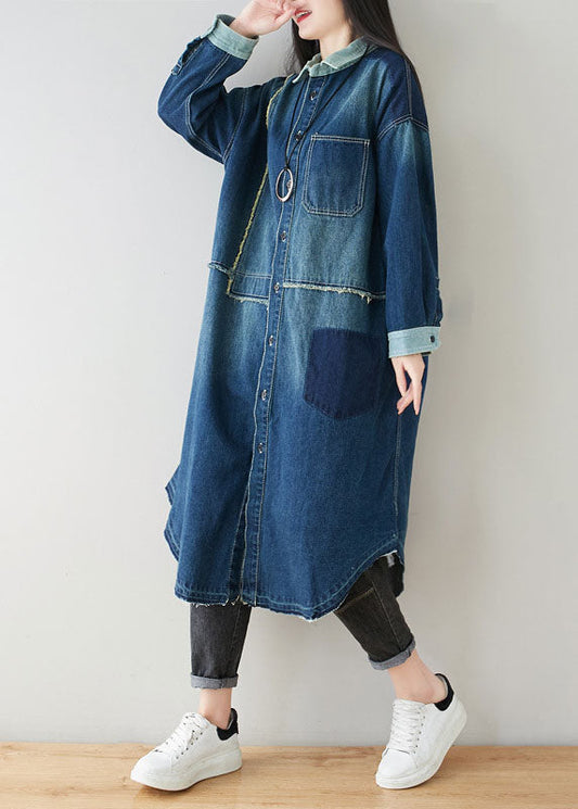 Denim Blue Peter Pan Collar Patchwork Oversized Cotton Trench Spring