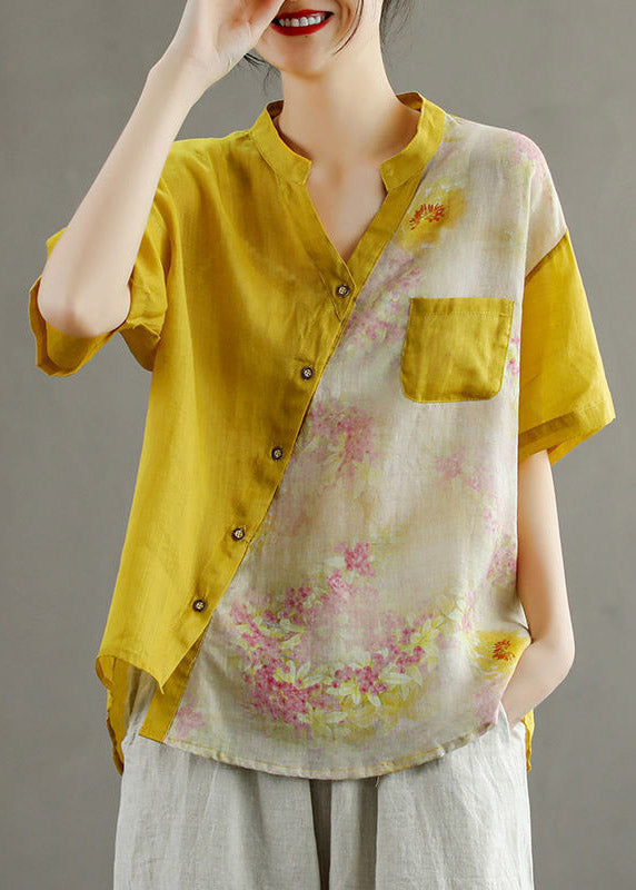 Yellow V Neck Asymmetrical Print Blouse Tops Short Sleeve