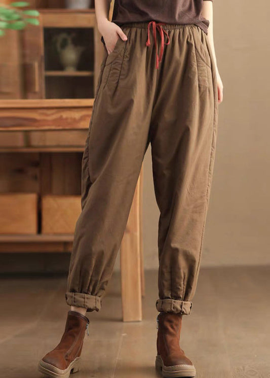 Loose Coffee Pockets Elastic Waist Fine Cotton Filled Pants Winter
