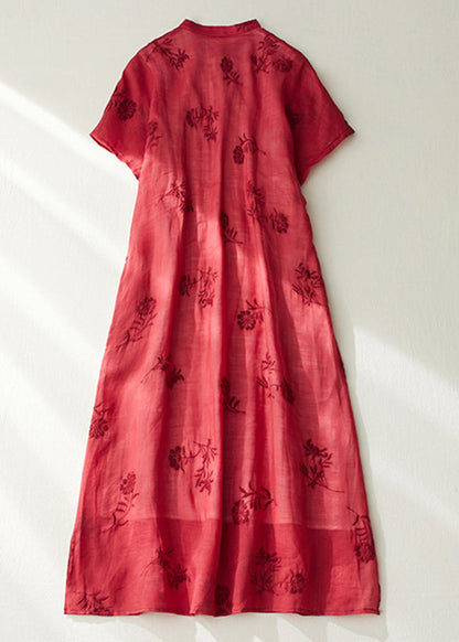 Red Stand Collar Side Open Layered Maxi Dress Short Sleeve