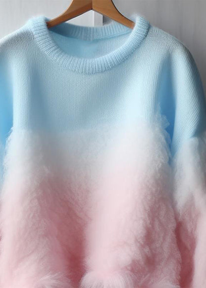 Gradient Color Fluffy Patchwork Cozy Cotton Knit Sweaters Fall
