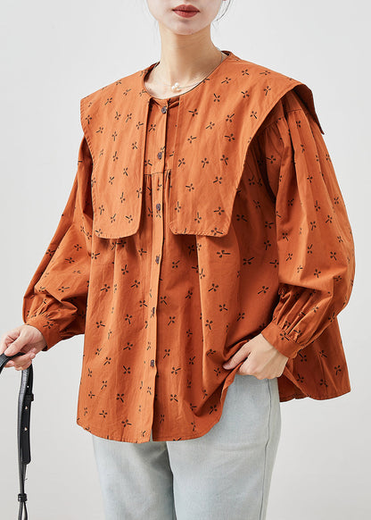 Orange Oversized Print Cotton Tops Fall
