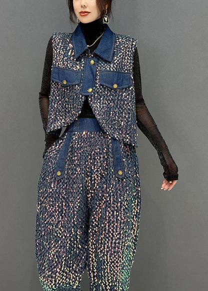 French Blue Sequins Tops and Pants Denim Two Piece Suit Set Fall