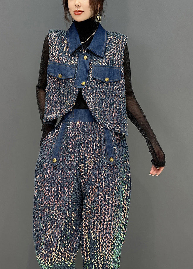 French Blue Sequins Tops and Pants Denim Two Piece Suit Set Fall