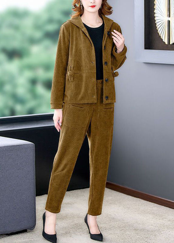 Boutique Yellow Hooded Pockets Corduroy Coats and Pants Two Pieces Set Long Sleeve