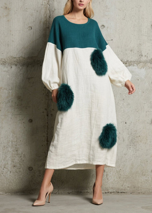 Colorblock O Neck Fuzzy Fur Patchwork Cotton Dress Fall