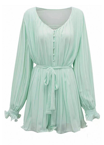 Light Green V Neck Wrinkled Mid Dresses Fall