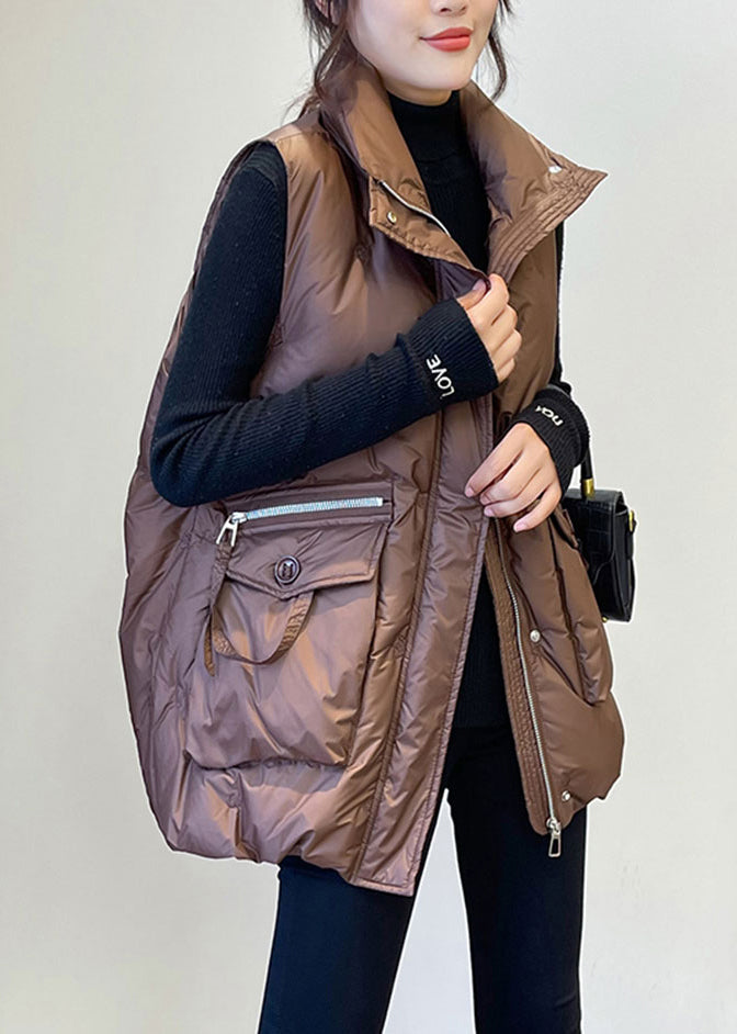 French Caramel Embroideried Pockets Duck Down Vests Winter