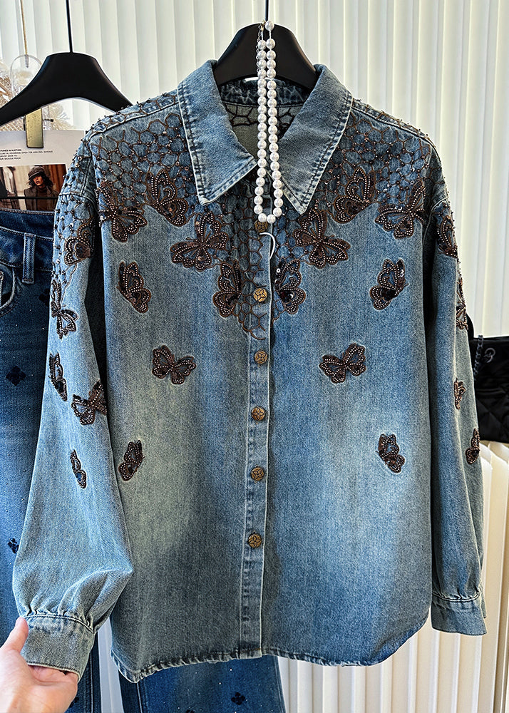 Blue Embroidered Butterfly Denim Coats Spring
