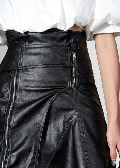 Unique Black High Waist Zippered Asymmetrical Pu Skirts