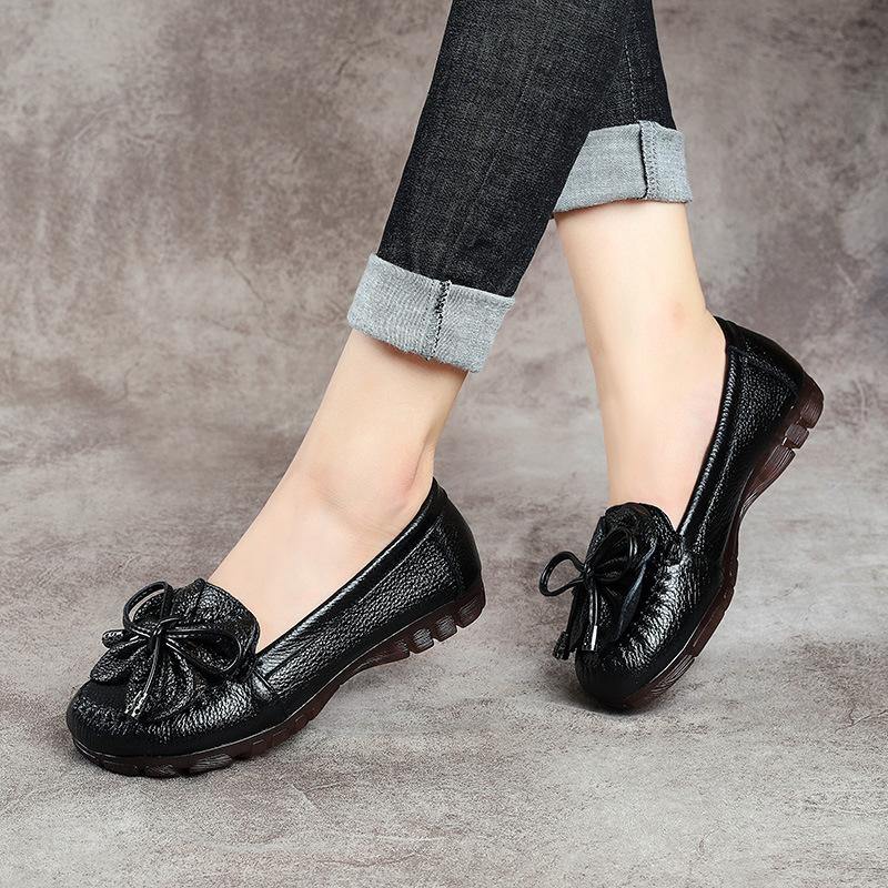 Black Bow Flat Shoes Genuine Leather Handmade Flat Shoes