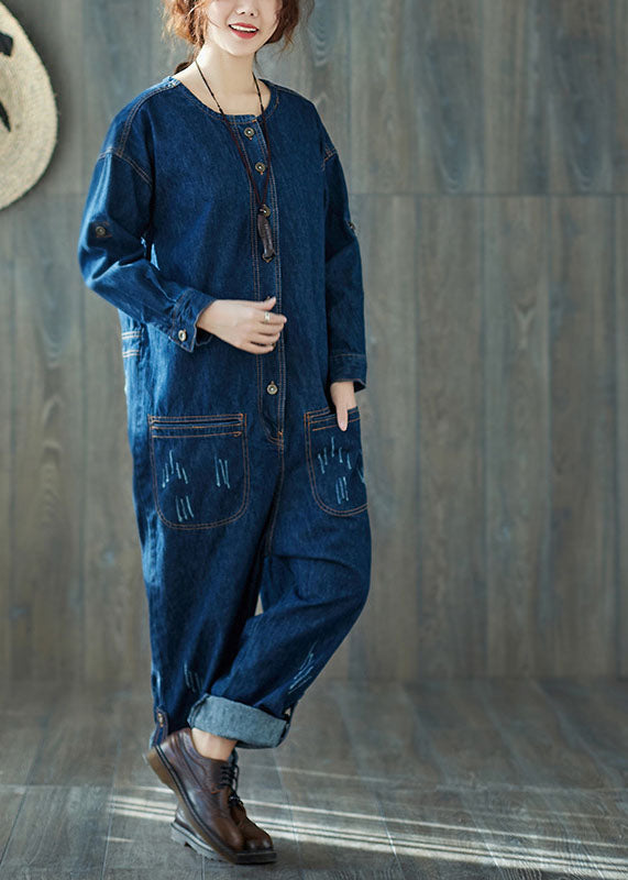 Dark Blue O-neck Pockets Denim Jumpsuits Spring