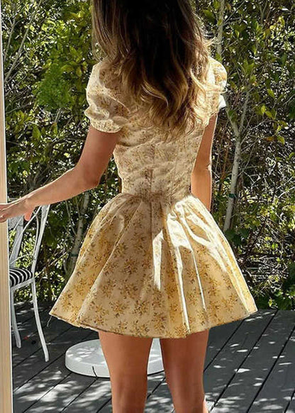 Yellow V Neck Print Cotton Mini Dress Summer