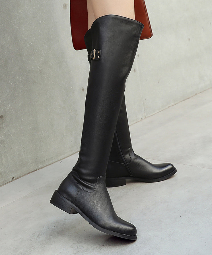 Brown Chunky Cowhide Leather Zippered Wool Lined Knee Boots