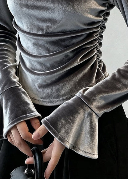 Grey Patchwork Hollow Out Silk Velour Tops Fall
