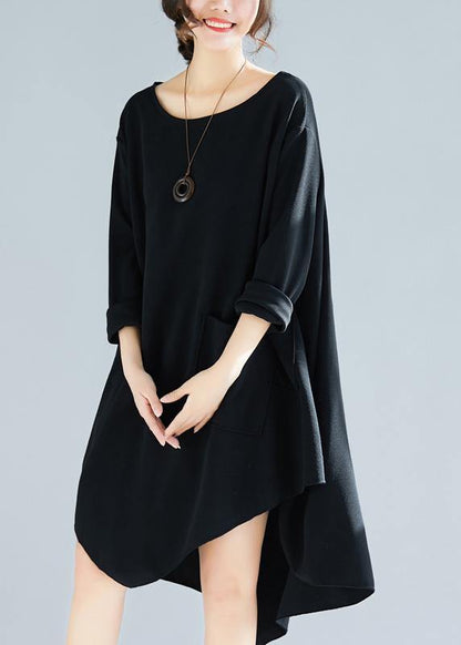 Natural O Neck Asymmetric Tunic Dress Fabrics Black Maxi Dresses