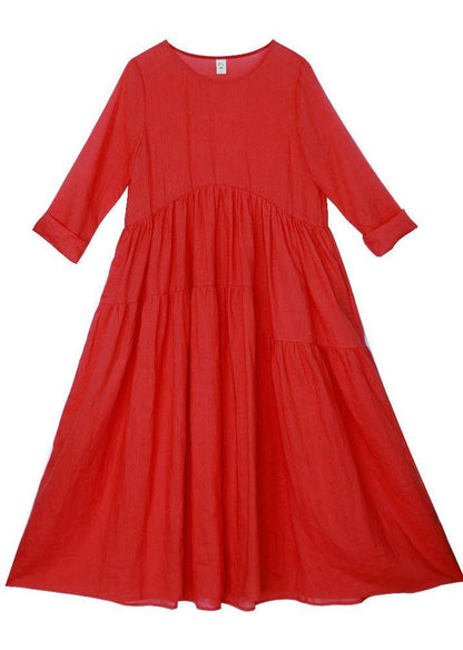 Italian Red Half Sleeve O-neck Summer Linen Dress
