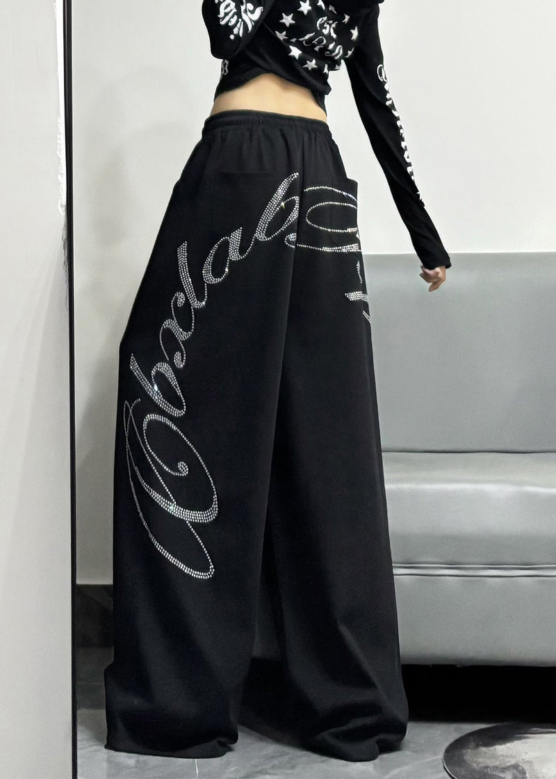 Black Oversized Letter Zircon Cotton Wide Leg Pants Spring