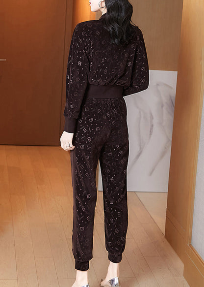 Coffee Zip Up Print Pockets Velour Two-piece Set Spring