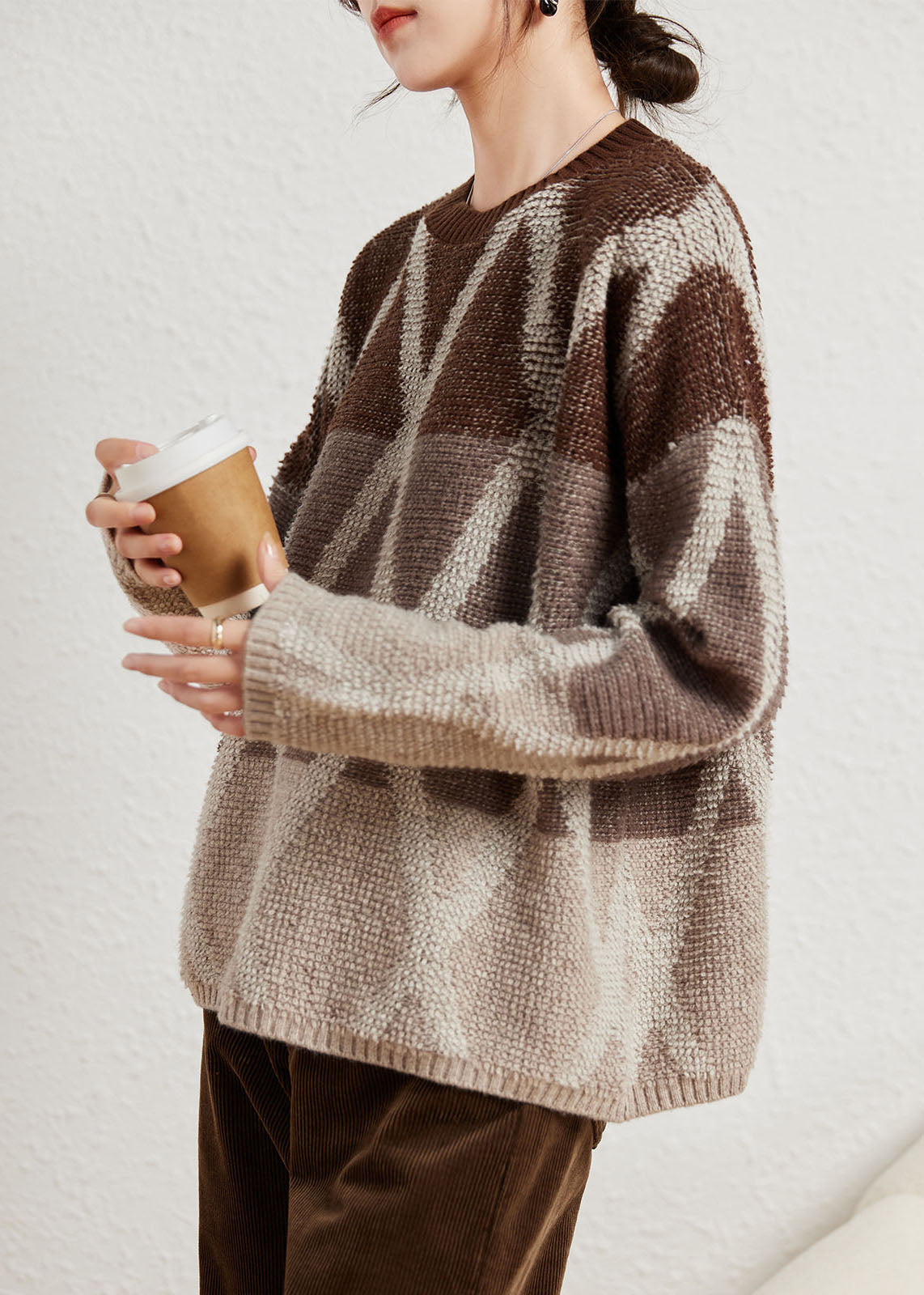 Art Purple O-neck Plaid Patchwork Wool Knit Sweaters Long Sleeve