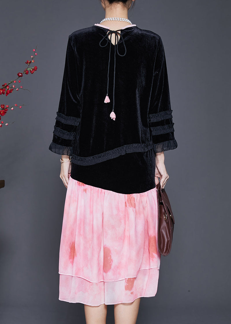Unique Black Ruffled Patchwork Silk Velour Dress Spring