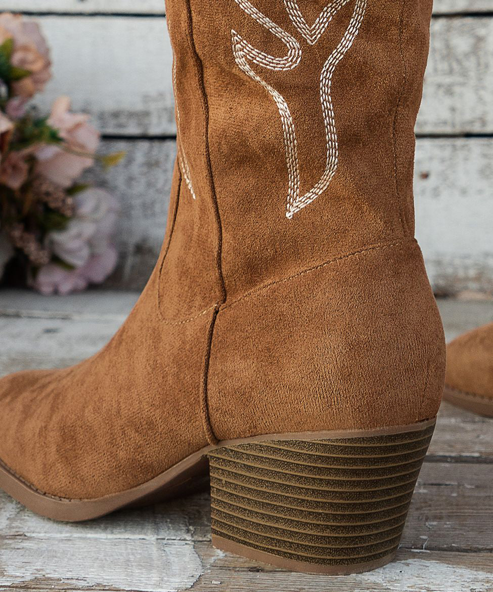 Brown Pointed Toe Zippered Splicing Suede Middle Boots