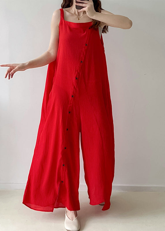 Red Asymmetrical Single Breaasted Chiffon Jumpsuits Fall