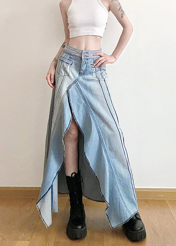 Modern Denim Blue Asymmetrical Ruffled Patchwork High Waist a Line Skirt Spring