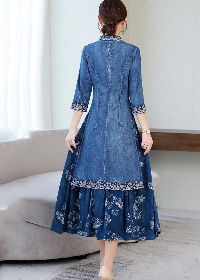 Blue Mandarin Collar Embroideried Patchwork Cotton Denim Fake Two Piece Dress Half Sleeve