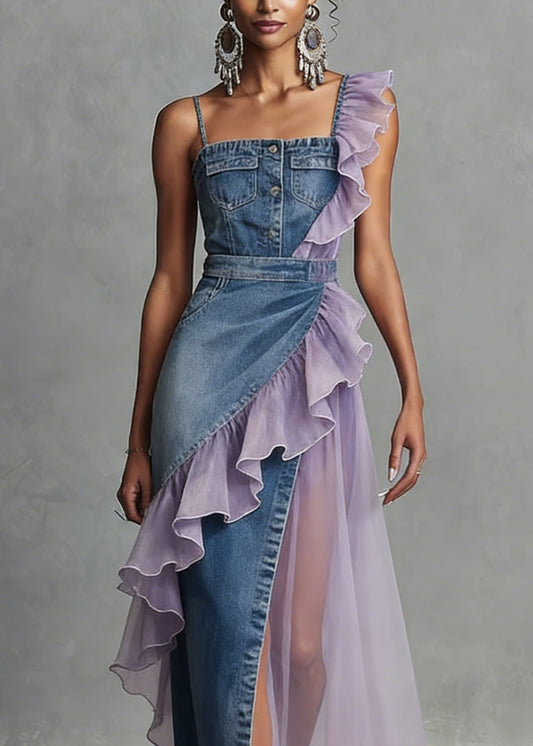 Blue Ruffled Patchwork Denim Spaghetti Strap Dress Summer