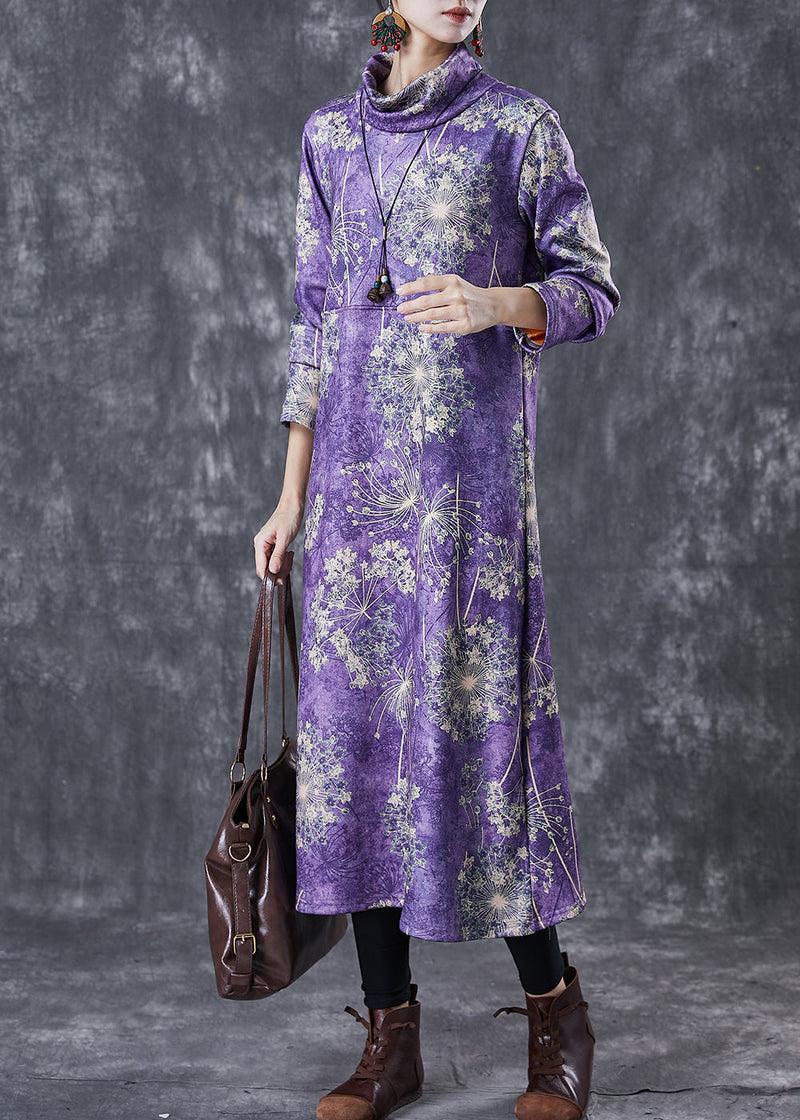 Purple Turtle Neck Print Warm Fleece Party Dress Winter