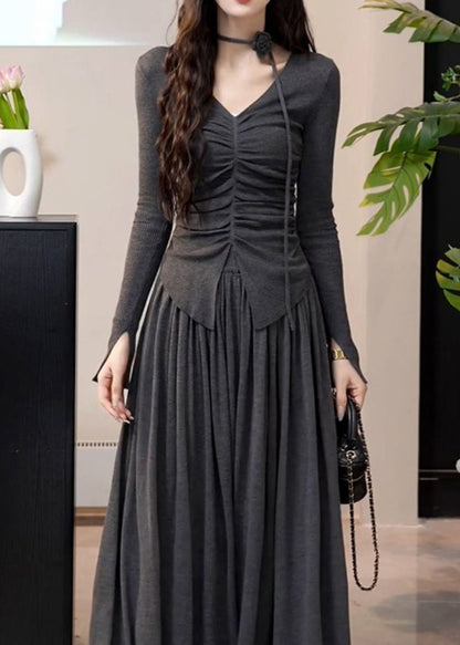 Modern Grey V Neck Wrinkled Top and a Line Skirts Two Pieces Set Winter
