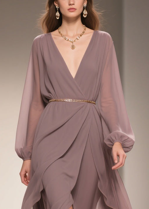 Soft Misty Lavender Gray Low High Design Chiffon Dress V Neck Summer