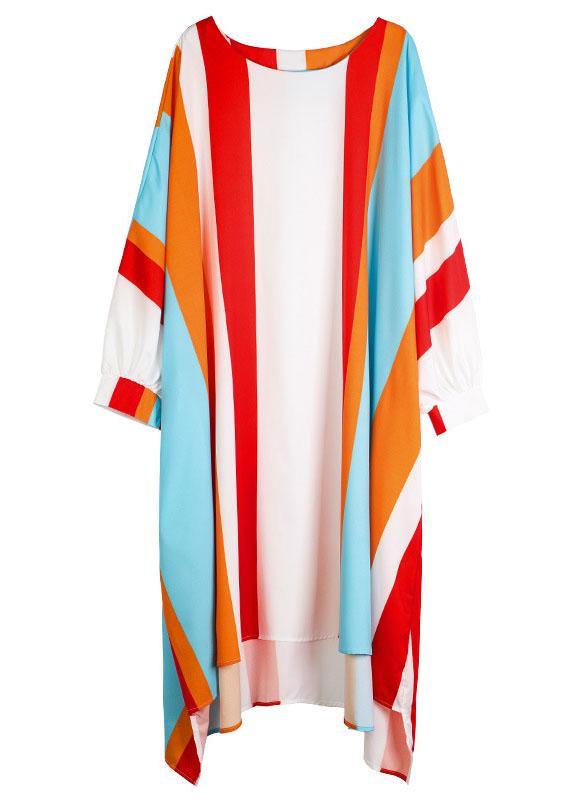 Red Striped O-neck Asymmetrical Design Summer Long Dress Sleeve