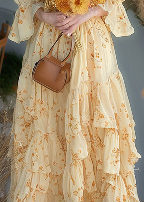 Yellow Ruffled Print Chiffon Dress Flare Sleeve