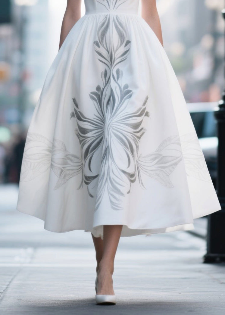 White Print Exra Large Hem Silk Cotton Dress Summer