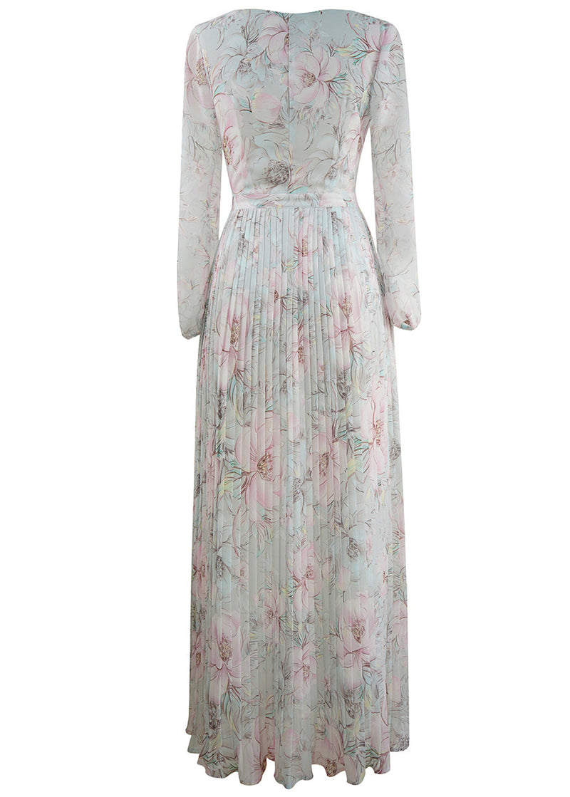 Light Blue Print Wrinkled Chiffon Ankle Dress Fall