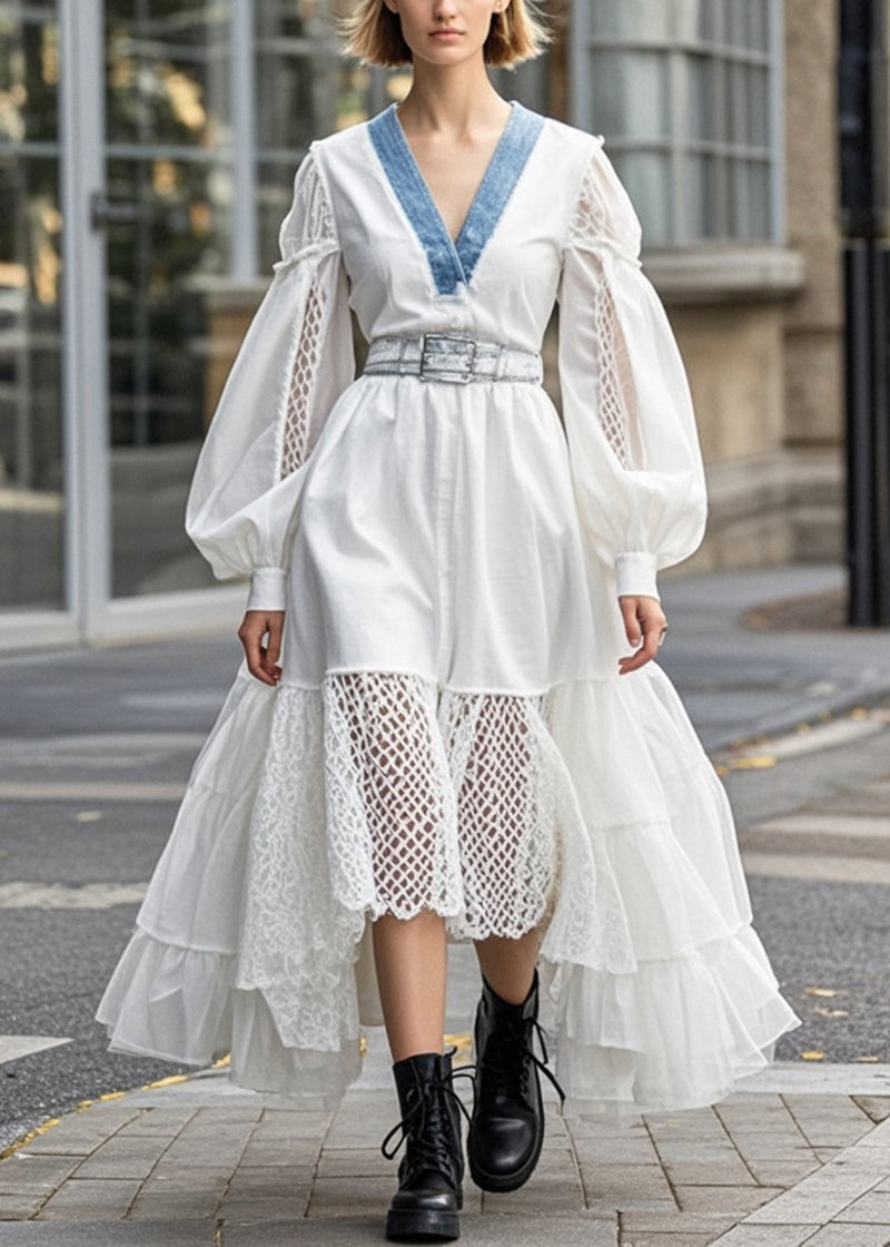 White Cinched Patchwork Hollow Out Cotton Dress Spring