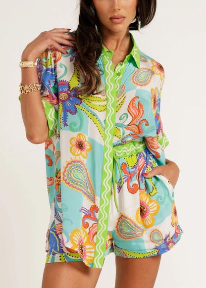 Blue Peter Pan Collar Print Ice Silk Two Pieces Set Summer