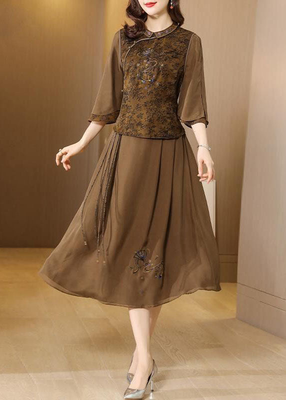 Coffee Peter Pan Collar Embroideried Silk Two Piece Set Summer