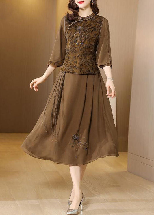 Coffee Peter Pan Collar Embroideried Silk Two Piece Set Summer