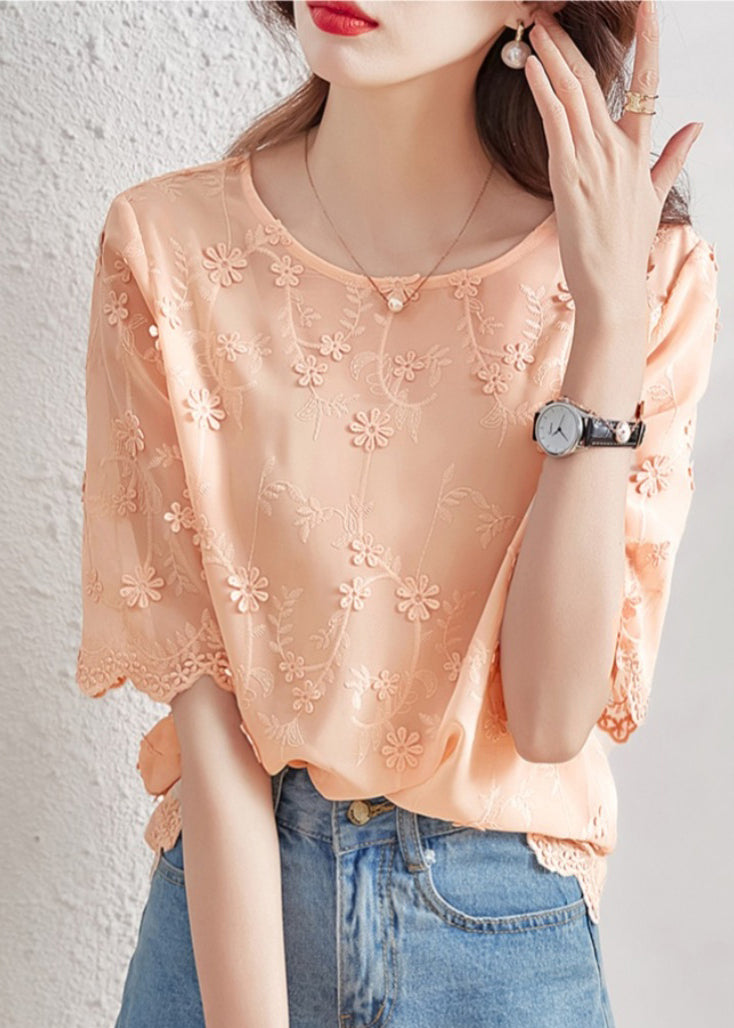 Vogue O-neck Embroidered Chiffon Shirt Short Sleeve