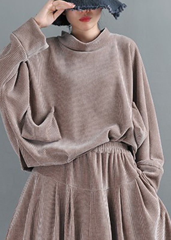 Grey Camel Turtleneck Pockets Velour Top Long Sleeve