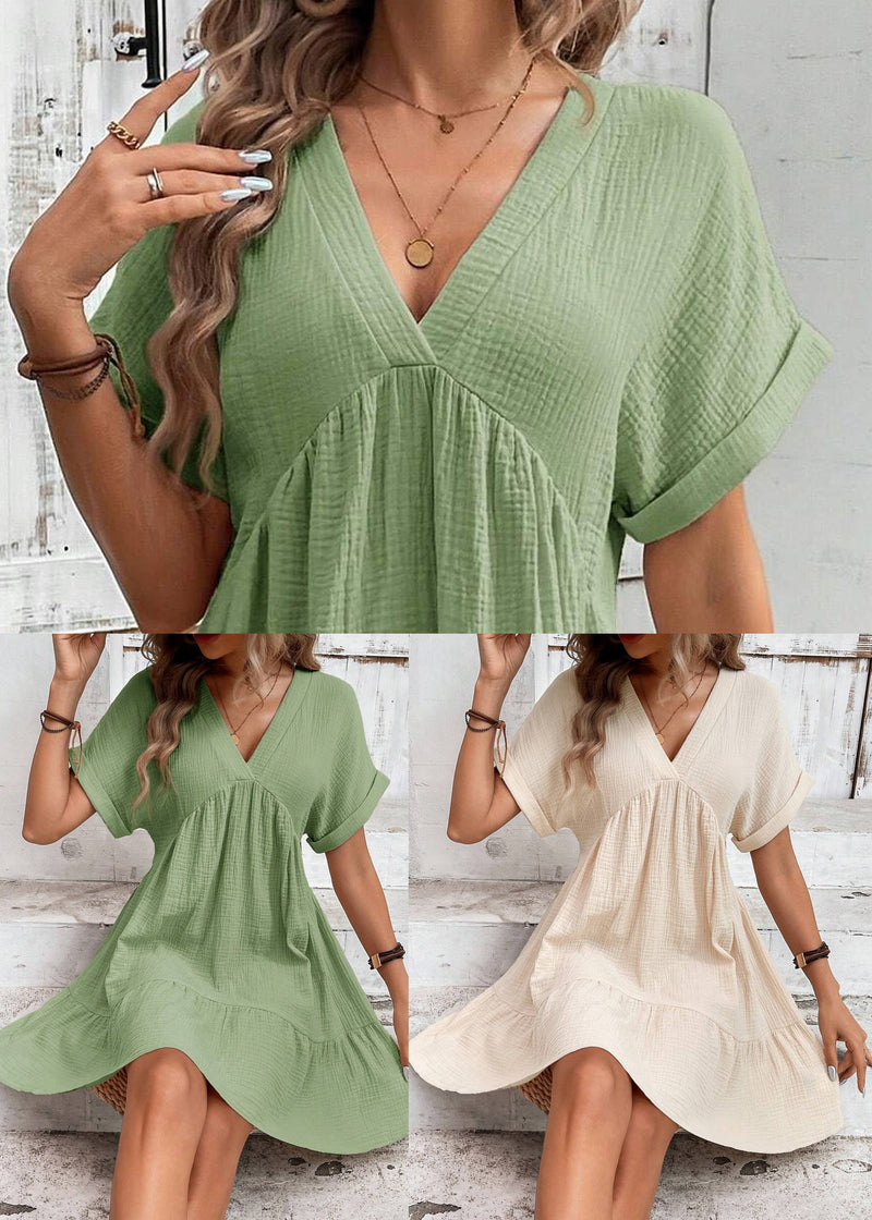 Beige Patchwork Cotton Vacation Dress V Neck Summer