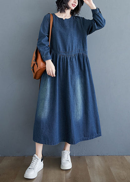 Blue V-neck Pockets Wrinkled Patchwork Denim Dress Spring