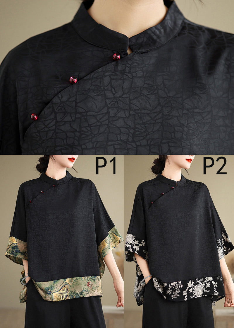 New Retro Khaki Print Patchwork Silk Shirt Tops Half Sleeve