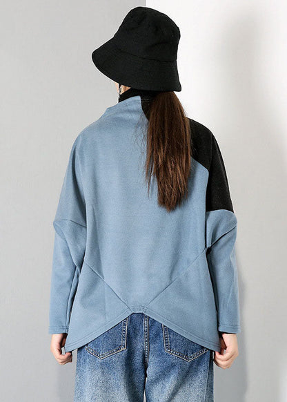 Blue Turtle Neck Patchwork Tops Spring
