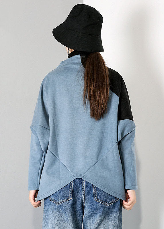 Blue Turtle Neck Patchwork Tops Spring